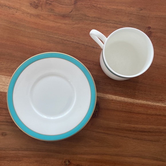 Crate & Barrel tea cup saucer set white teal gold fine bone China coffee - Picture 10 of 13